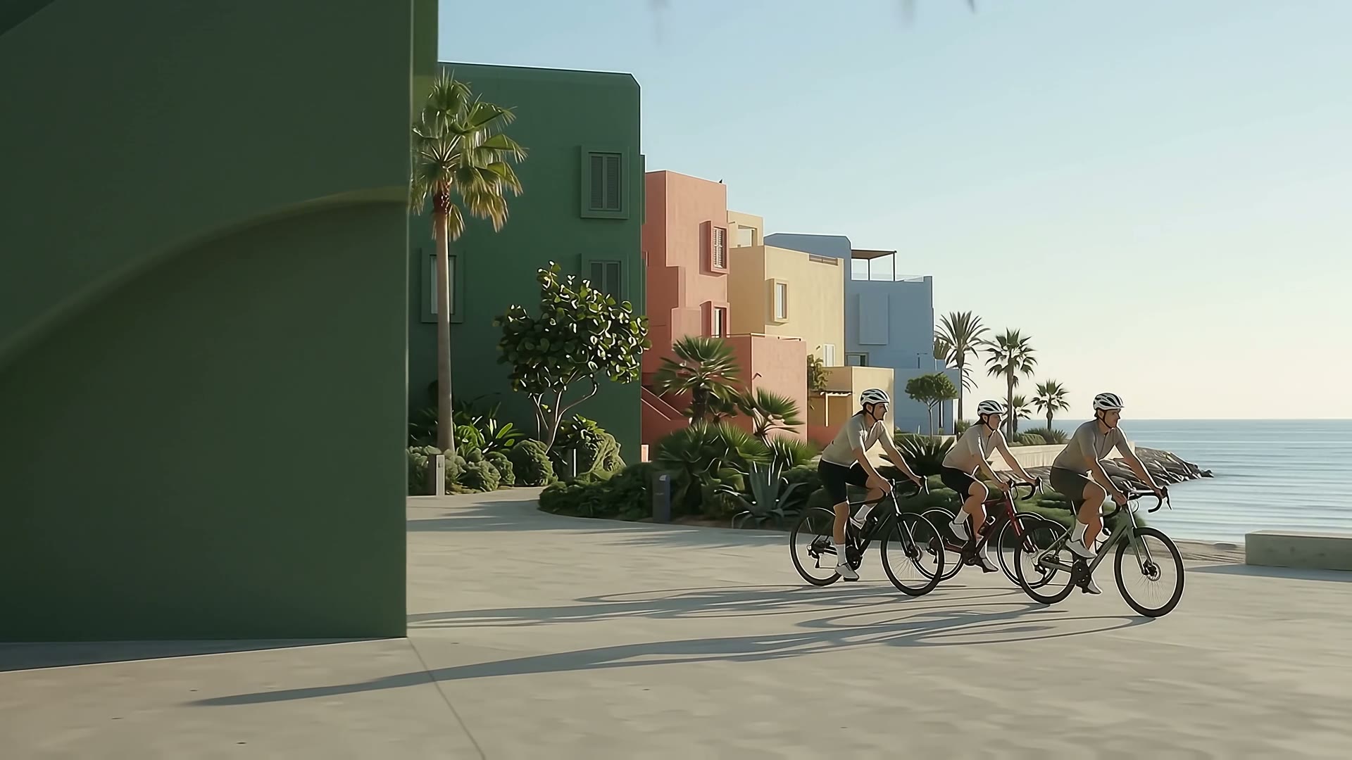 Cyclists beside coastal architecture that transforms from green to coral in VEGAM's living-colour film